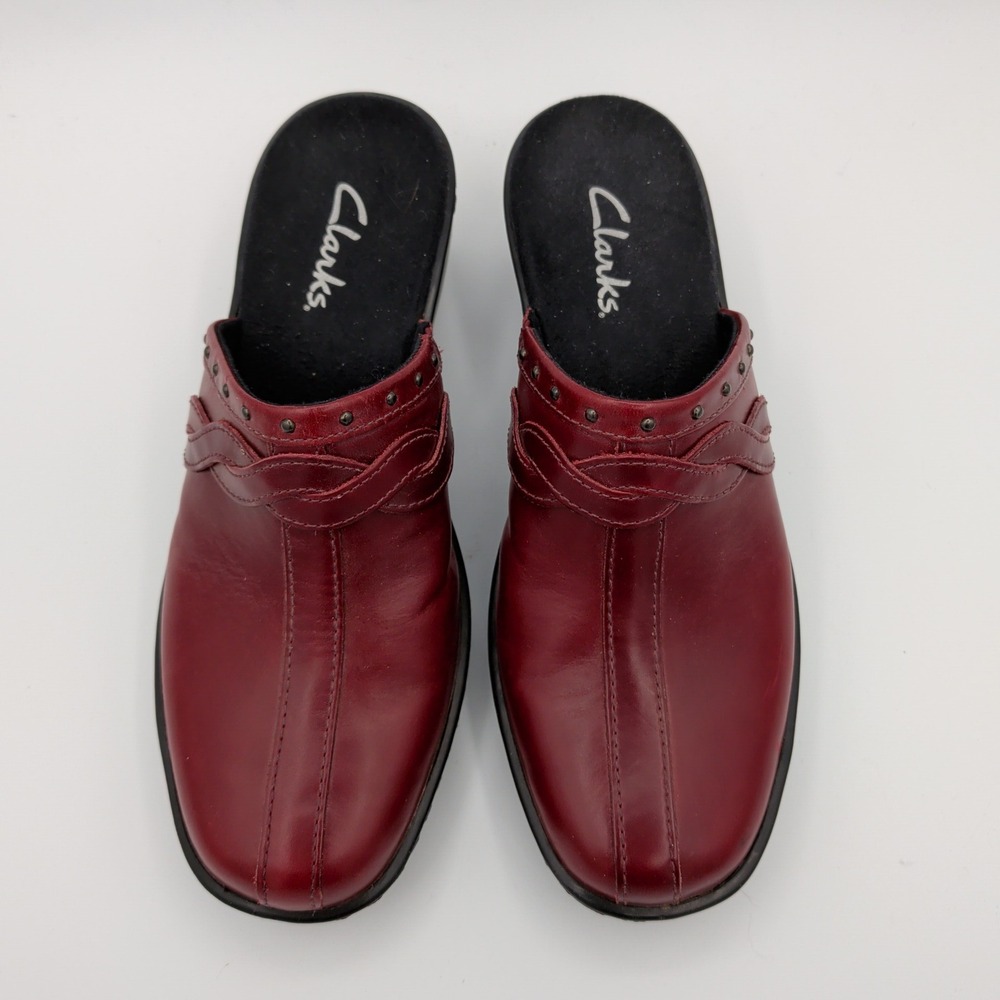 Clarks Womens 6.5M Burgundy Leather Studded Braided Mules Clogs 71568 Brazil - Picture 4 of 8